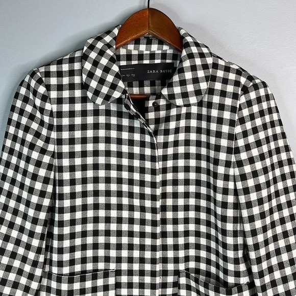 ZARA Blazer Black White Gingham Checkered Snap Closure Pockets Preppy Size S - Picture 3 of 12